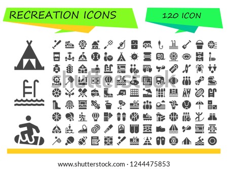 Vector icons pack of 120 filled recreation icons. Simple modern icons about  - Tent, Snowboard, Swim, Baseball, Shoe, Ferris wheel, Cabin, Racket, Hunting, Dominoes, Caravan, Fishing rod