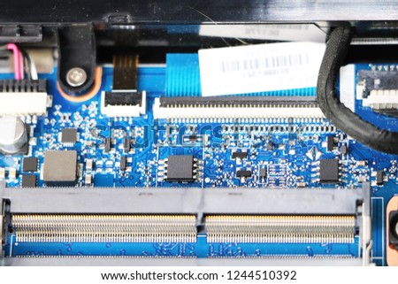 Closeup of laptop microcircuits.