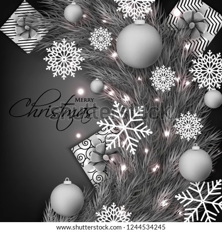 Christmas party invitation template greeting card with gift boxes, pine and fir branches wreath in the snowflake, lights, ball, grey background