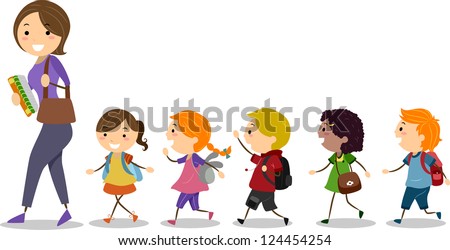 Illustration of School Kids Following Their Teacher