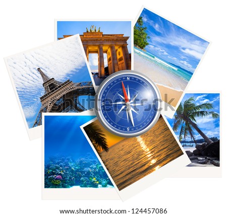 Traveling photos collage with compass on white background