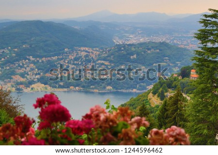 Beautiful view of Lake Como, in Northern Italy’s Lombardy region-an upscale resort area known for its dramatic scenery, set against the foothills of the Alps seen from the mountain town of Brunate