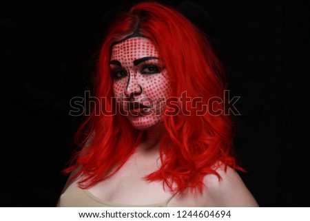 2d style retro make-up on red hair emotional cartoon style girl