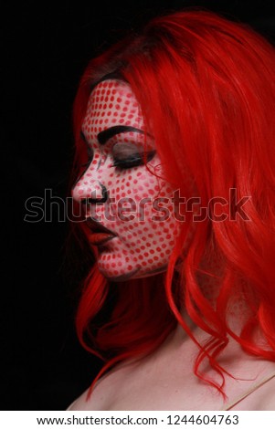 2d style retro make-up on red hair emotional cartoon style girl