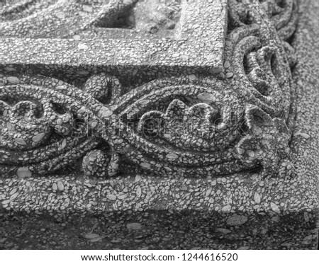 Black and white photos, elements of architectural decorations of buildings, bas-reliefs and patterns on the streets in Catalonia, public places.