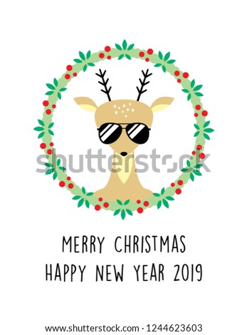 cute deer merry christmas and happy new year 2019 greeting card vector. cool reindeer christmas greeting.