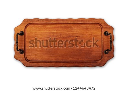 Wooden tray with metal handles on white background, top view, flat lay, text place.  Natural wood background, close up. Wooden board backdrop