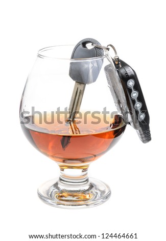 glass of alcohol and car keys. Photo isolated on white background
