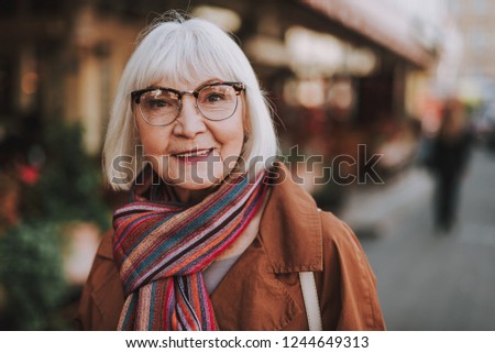 Portrait of stylish old lady in coat looking at camera and smiling. Street on blurred background Royalty-Free Stock Photo #1244649313