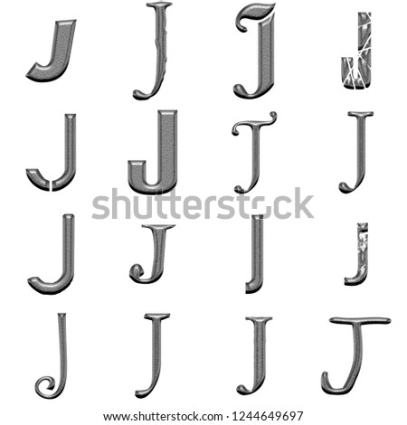 Chiseled silver metal letter J set in multiple various assorted fonts in a 3D illustration with a rough textured metallic finish isolated on a white background
