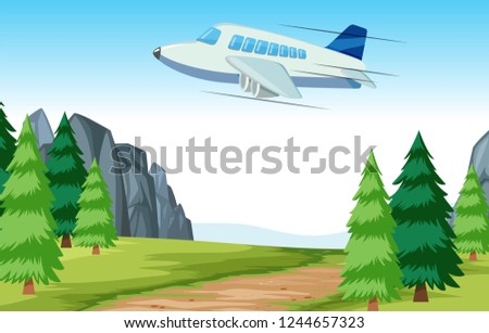 Airplane flying over woods illustration