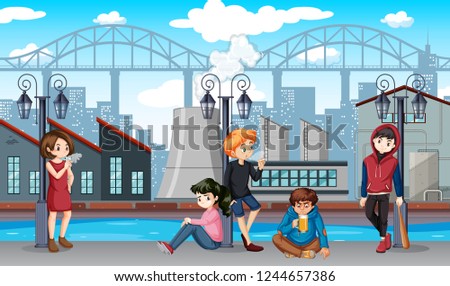 Group of bad teenagers scene illustration