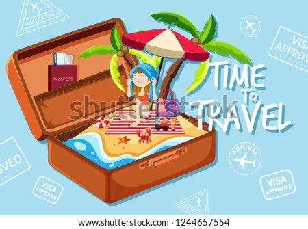 A girl on the beach in suitcase illustration