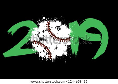 Abstract number 2019 and a baseball ball from blots. 2019 New Year on an isolated white background. Design pattern for greeting card. Grunge style. Vector illustration