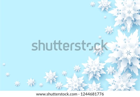 Winter holiday realistic paper cut snowflakes. Snow christmas decoration for design banner, ticket, invitation, greetings, leaflet and so on.
