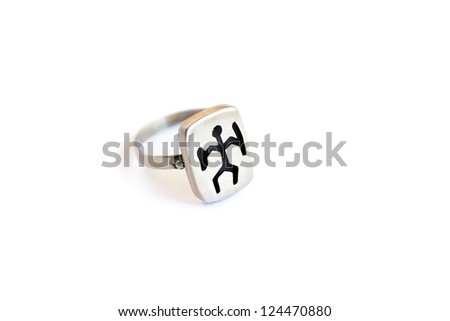 Silver ring with ancient Armenian pictogram isolated on white background.