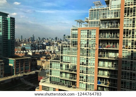Liberty Village neighborhood in Toronto, Canada. Condos and city skyline.