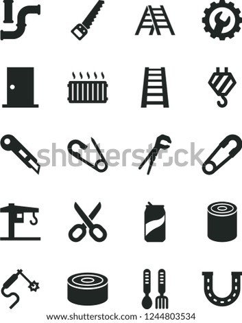 Solid Black Vector Icon Set - scissors vector, safety pin, open, iron fork spoons, crane, hook, adjustable wrench, arm saw, stepladder, ladder, ntrance door, gear, stationery knife, canned goods