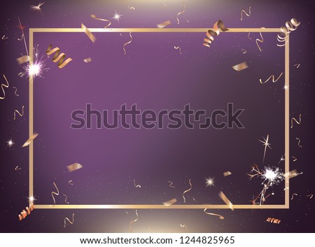 The vector purple gradient party and celebration background with golden confetti and border 