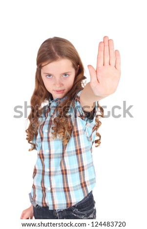 pretty little girl requiring stop with her hand, focus on the palm