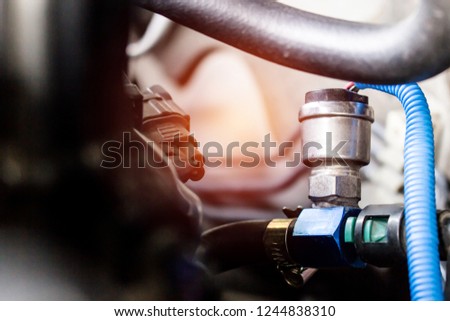 Close up sensor fuel press of car in engine room for check gasoline pressure of engine