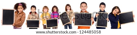 group of kids holding a black board