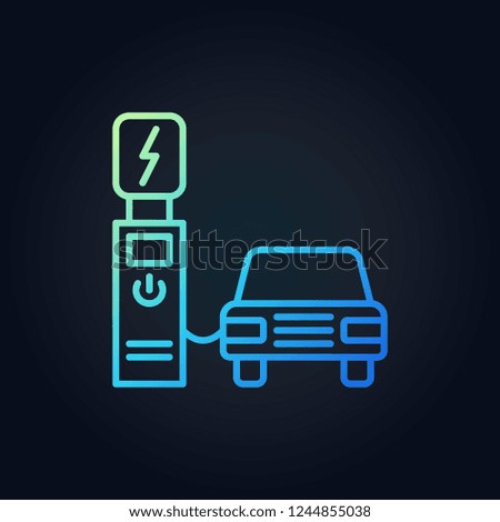 Electric recharging point with car vector outline colored icon on dark background