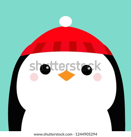 Penguin head face. Red hat. Merry Christmas. Happy New Year. Cute cartoon kawaii baby character. Arctic animal. Flat design. Hello winter. Blue background. Vector illustration