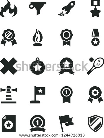 Solid Black Vector Icon Set - cross vector, flag, lighthouse, water filter, space rocket, flame, medal, star, with pennant, ribbon, hero, certificate, tennis, shield
