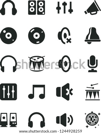Solid Black Vector Icon Set - bell vector, desktop microphone, horn, loudspeaker, silent mode, drumroll, drum, headphones, regulator, volume, no sound, cd, pc speaker, note, settings, disco ball