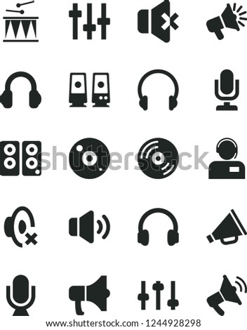 Solid Black Vector Icon Set - desktop microphone vector, horn, silent mode, drumroll, headphones, CD, volume, no sound, operator, megaphone, loudspeaker, pc speaker, settings