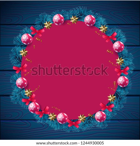Christmas background, wreath of fir branches, Christmas balls, serpentine, stars, on wooden background vector