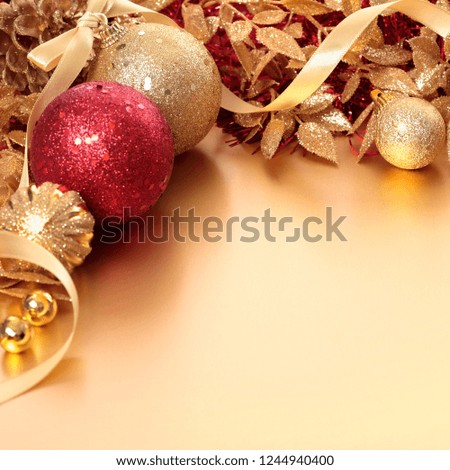 Christmas border with balls and ribbon on golden background square