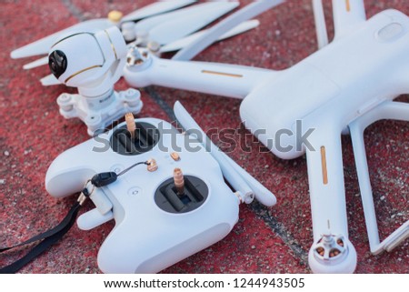 Set of drone white color close-up. Copter assembly, drone.