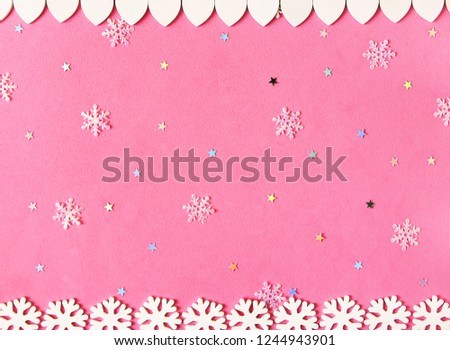 Decorative Christmas ,New Year, Valentine's day background with white hearts, snowflakes and tinsel. Festive template. Greeting card with copy space.