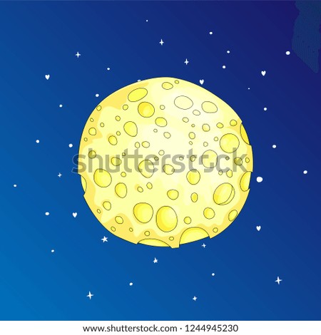 Fun cartoon yellow, sponge moon icon. Yellow magic full moon with decoration elements on blue background. Magical yellow full moon in dreams vector icon.