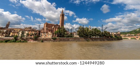 Cityscape of Verona (world heritage site) seen from the Adige River with the church of St. Anastasia (1290-1471). Veneto, Italy, Europe