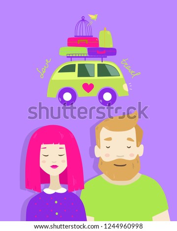 Vector drawing hipster man and woman  in modern flat design. Vector illustration of travel van for family