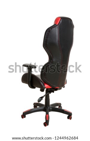 Back view of a modern office chair, upholstered in a black and red leather, isolated on white background with clipping path.