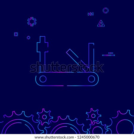 Bike Tools, Multitool Vector Line Icon. Bicycle Accessory Gradient Symbol, Pictogram, Sign. Dark Blue Background. Light Abstract Geometric Background. Related Bottom Border