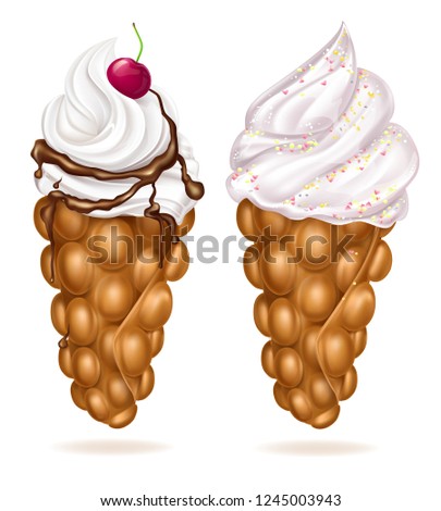 Two Hong Kong egg bubble waffles with whipped cream or ice-cream, sprinkled with color powder, decorated with cherry berry in chocolate topping 3d realistic vector illustration. Trendy confectionery