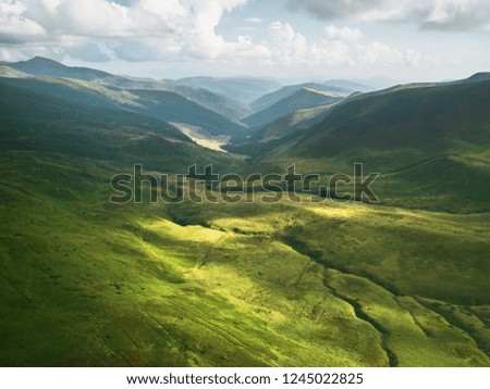 Landscape With Green Mountain Hills At Summer Aerial View, Summer Meadow With Grass 