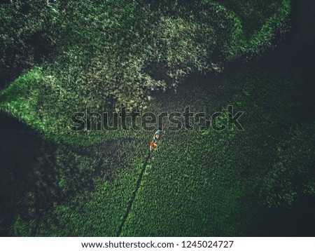 Explore Nature. Boat Floating On Lake With Grass Aerial View, Traveling In Kayak At Green Landscape