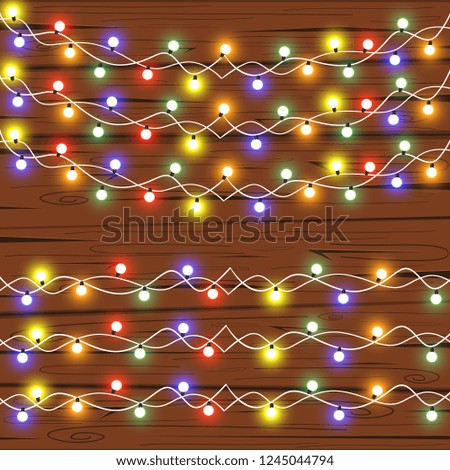 Set of Glowing Christmas Lights for Xmas Holiday Greeting Cards Design. Wooden Hand Drawn Background. Christmas & New Year design: wooden background with christmas lights garland. Vector illustration