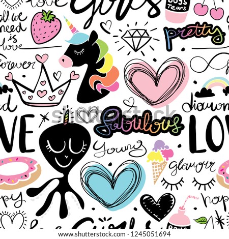Cute seamless repeating pattern / Unicorn, hearts, crown, hand letterings doodle drawing set texture design for fabrics, textile graphics, t shirts, prints, stickers etc
