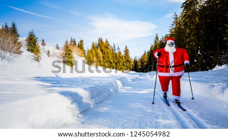 Fat overweight Santa Claus with Christmas suits with classic  nordic ski in snowy winter mountain ski resort landscape in sunny day, New Year's or xmas is coming.