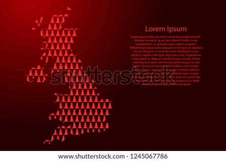 United Kingdom map abstract schematic from red Christmas tree and Happy New Year decoration pattern for banner, poster, greeting card. Vector illustration.