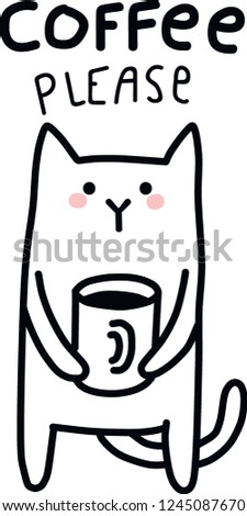 Cute white cat holding cup of tea or coffee
