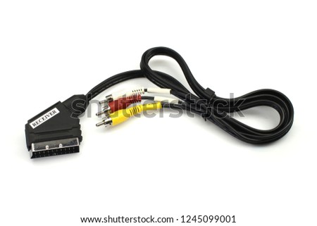 Video cable with three RCA plugs on a white background