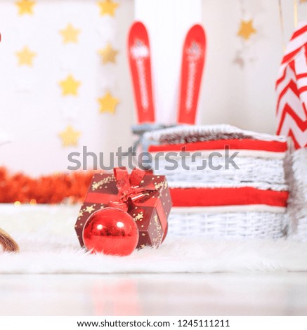 close up.gift box and basket with gifts on Christmas background.